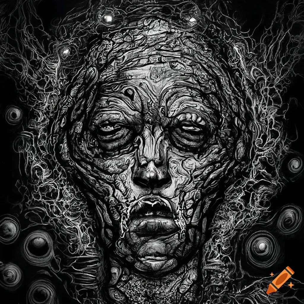 Intriguing black ink sketch of chaos God surrounded by dark energy