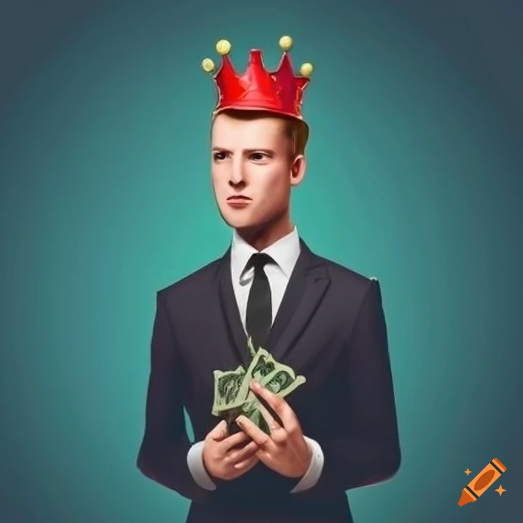 Man wearing a crown surrounded by money