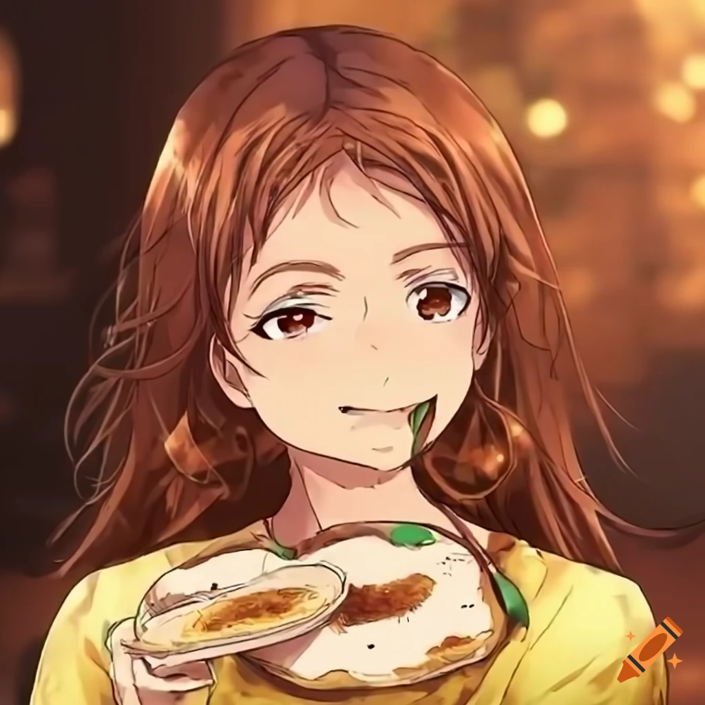 Anime of a girl enjoying Indian roti