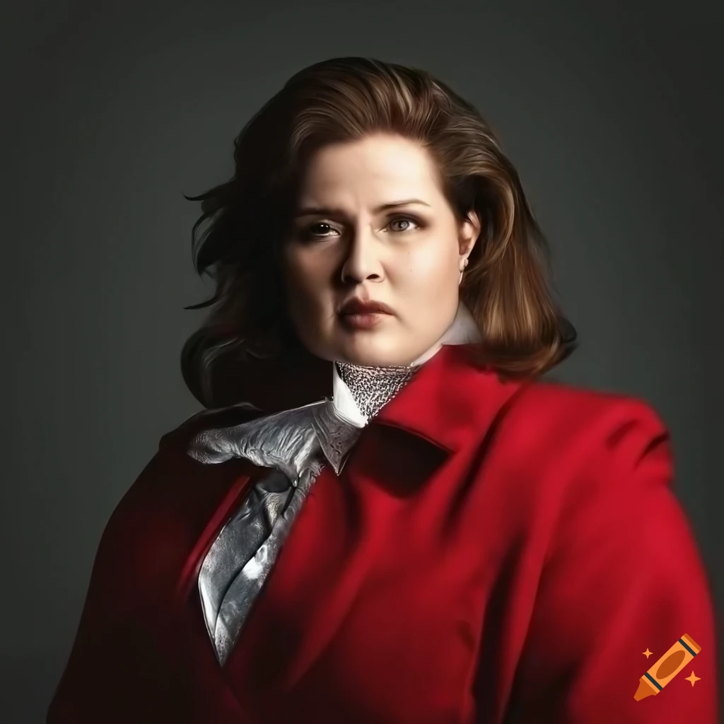 Serious plus size model in 17th-century attire with tall leather riding boots
