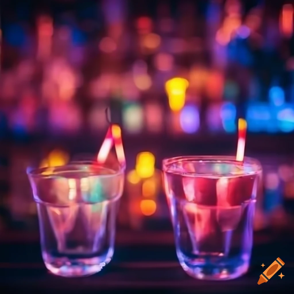 Elaborate bar scene with neon lights and glasses of beverages on a long table