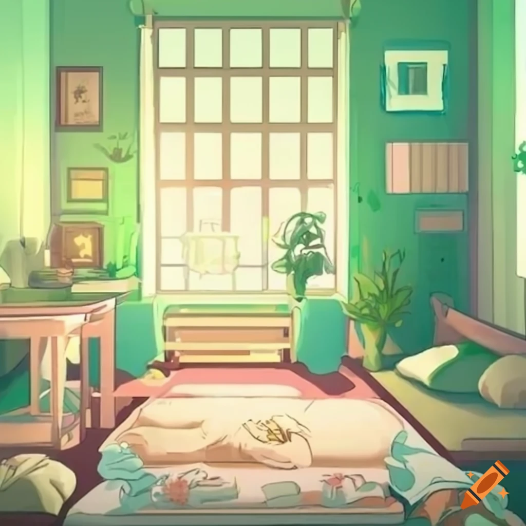 Anime-style cute room with green and beige decor, lofi vibes and a big ...
