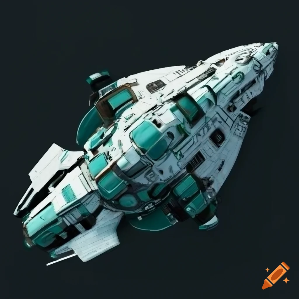 Symmetric 2D top-down view space ship in green and white colors on dark background