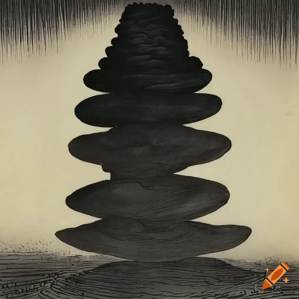 Sacred heavenly hill in a zen abstract surreal landscape sketched in black ink on ancient paper