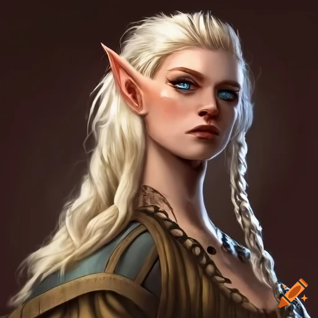 Elf with long blonde hair, blue eyes, and fine leather jerkin