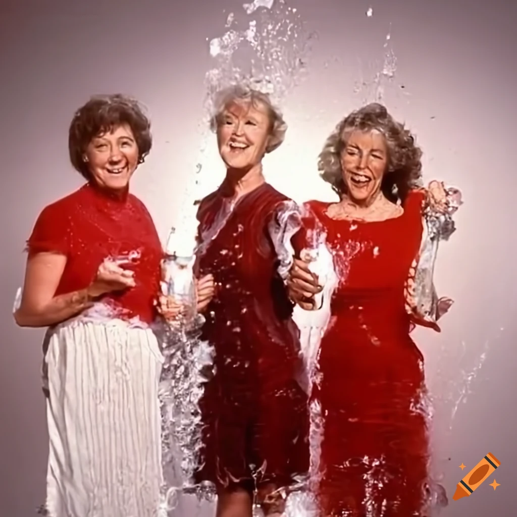 Senior ladies in Sunday clothes splashed with water in a television sitcom scene