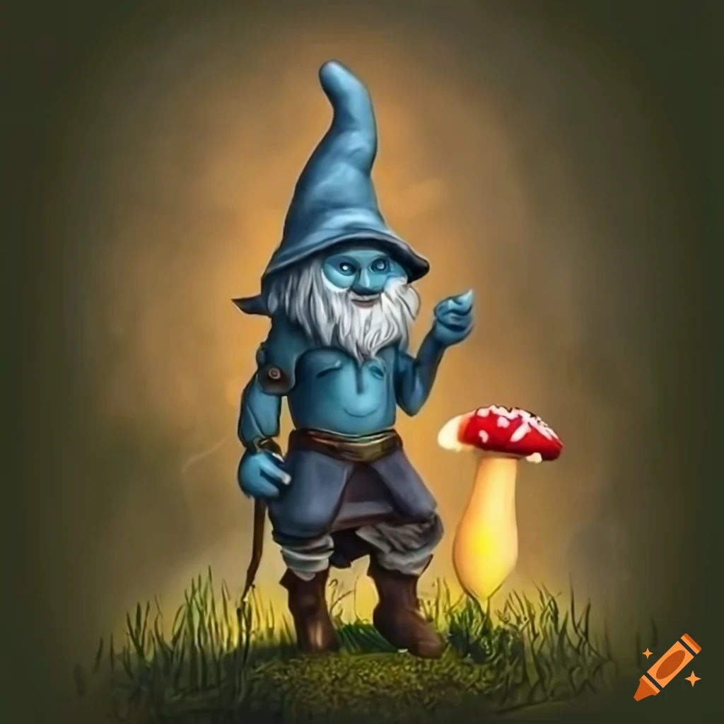 Young wizard gnome casting a spell in a forest next to a mushroom