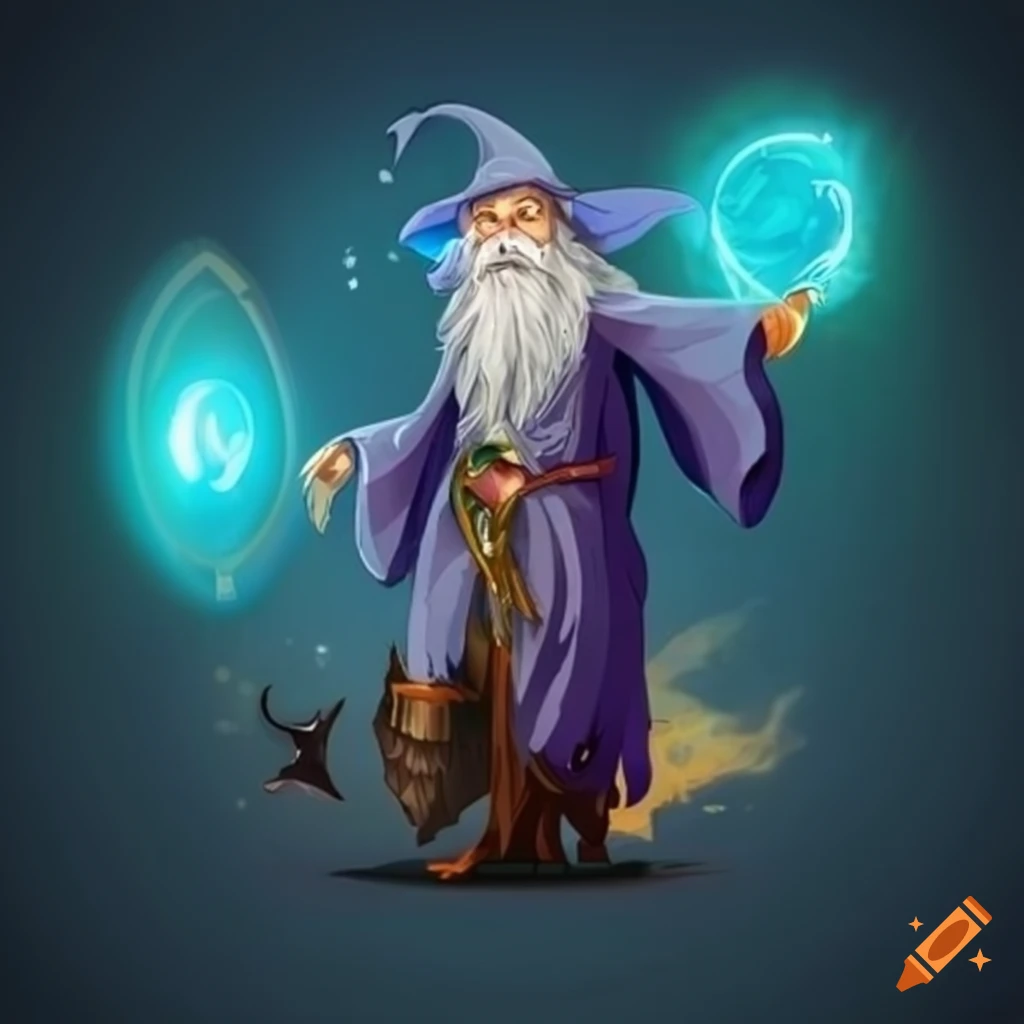 Flying wizard Merlin with magic shield