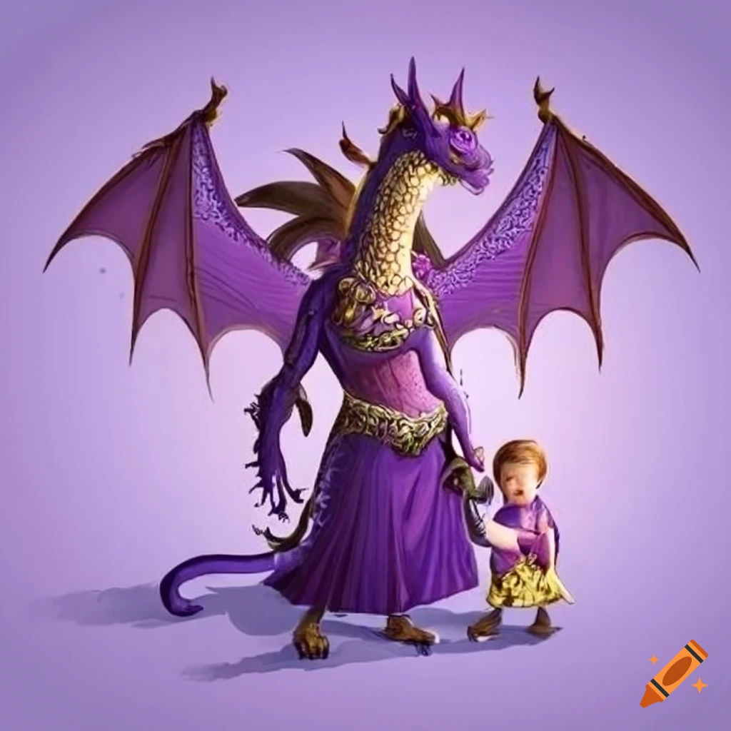 Mother dragon in purple dress holding a sack with her children