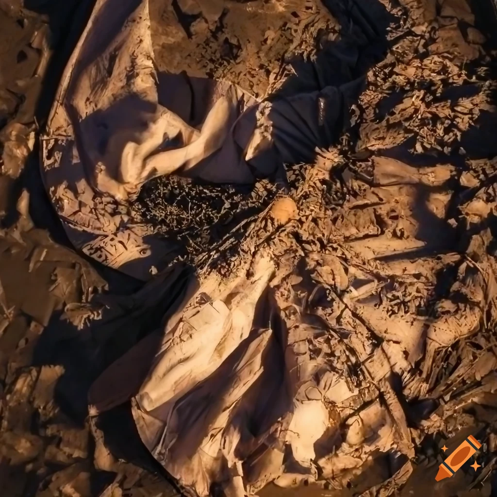 Detail of traditional Hungarian clothes entangled in chaotic knot amid destruction