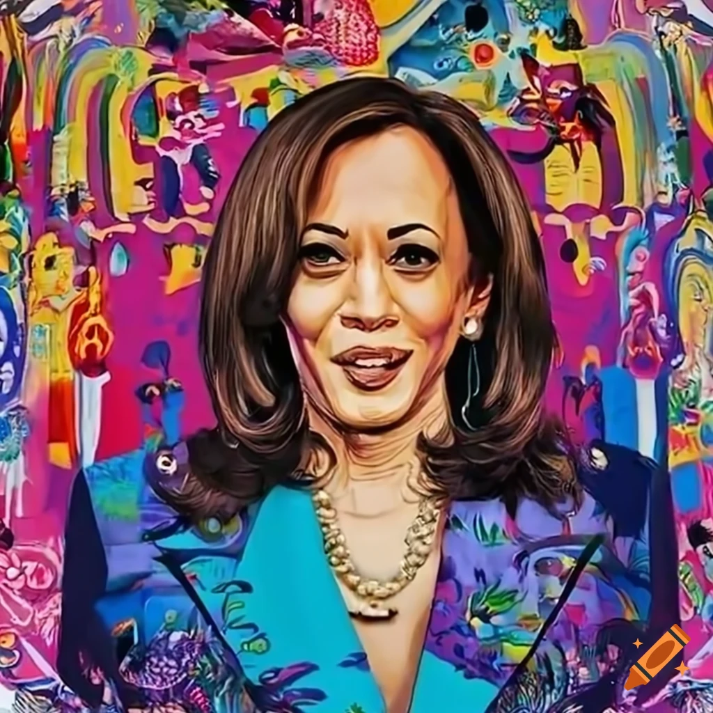 Colorful illustration of Kamala Harris at desk in the Oval Office