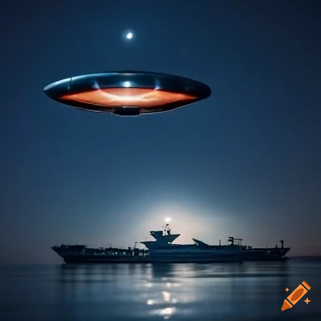 UFO hovering over an aircraft carrier with moonlight reflecting on the water