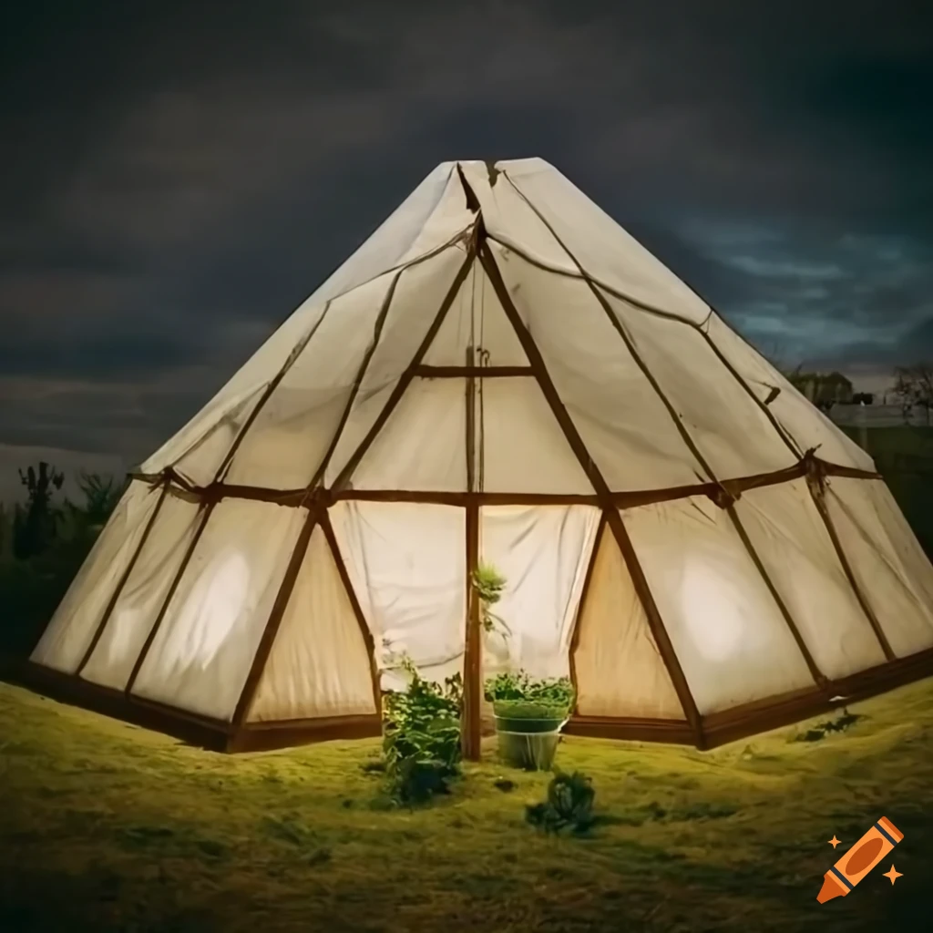 Large teepee-shaped greenhouse with growing vegetables