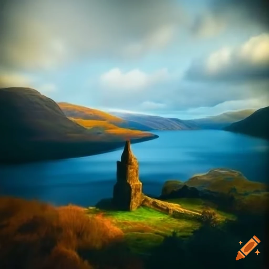 Loch with highlands in the background and monuments on both sides