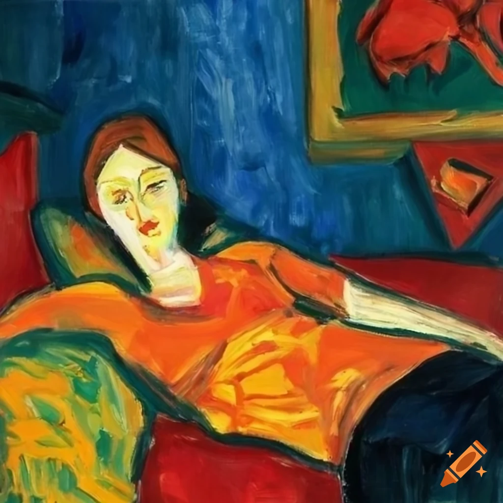 Woman resting on a couch in a room inspired by various artists in the fauvism style