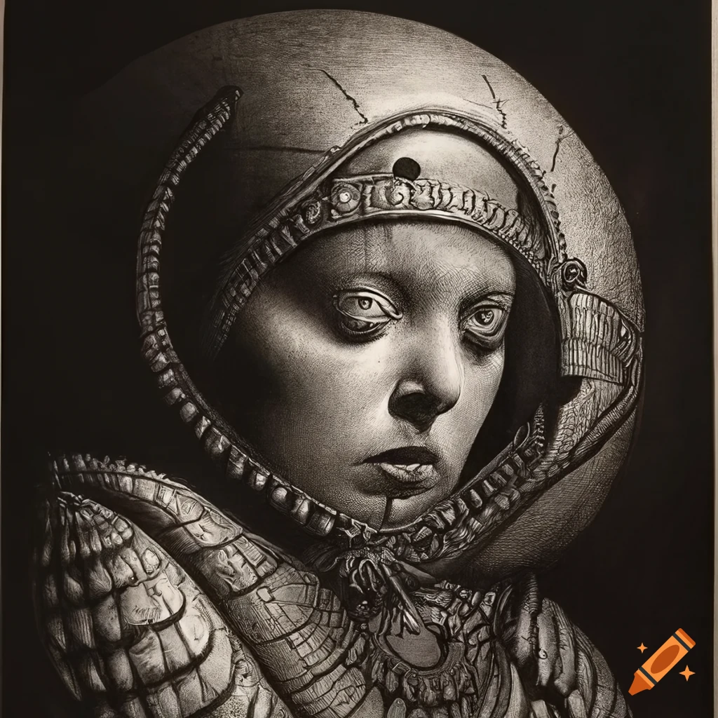 Surreal 1970s sci-fi fantasy art of a beauty meeting a space giant bug in black and white