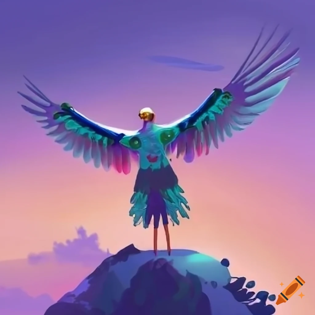 Diverse group of people standing on a hilltop with arms raised, an eagle soaring above them
