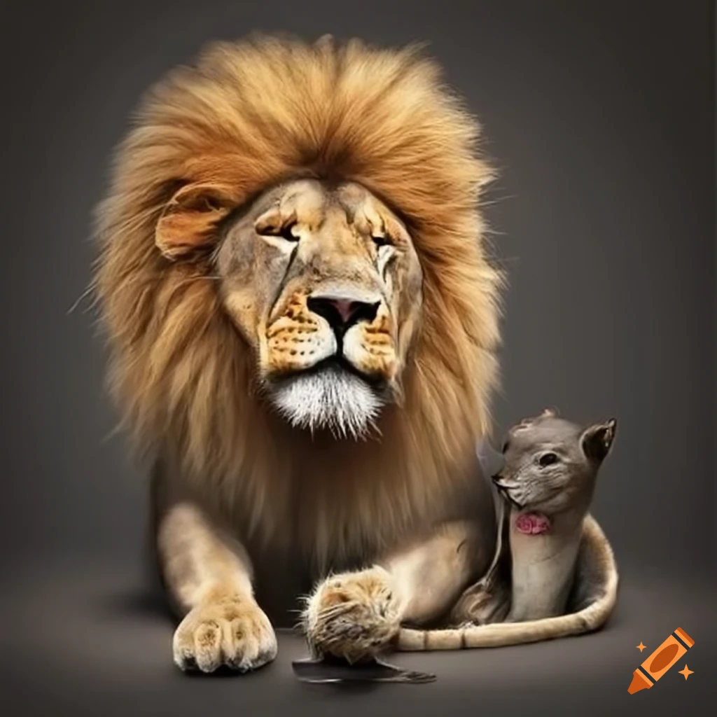 Lion interacting with a rat in a natural setting