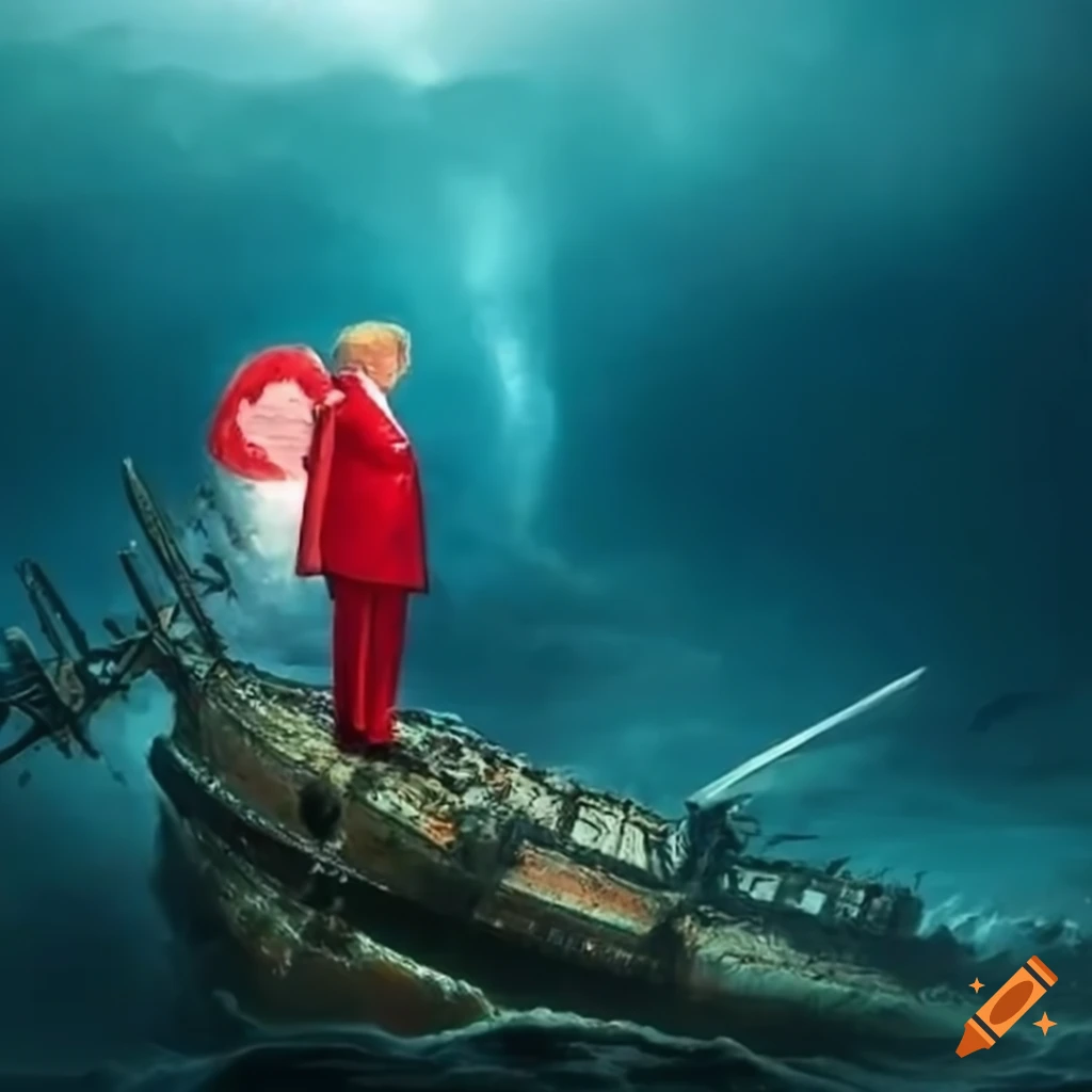 President Trump on a sunken ship in stormy seas surrounded by red caps, surreal art