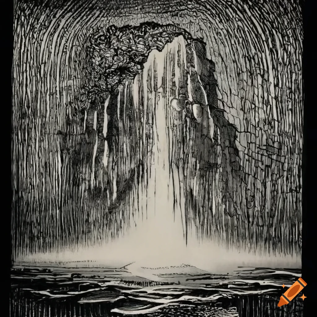 Abstract surreal ethereal crystal landscape sketched in black and white on ancient paper