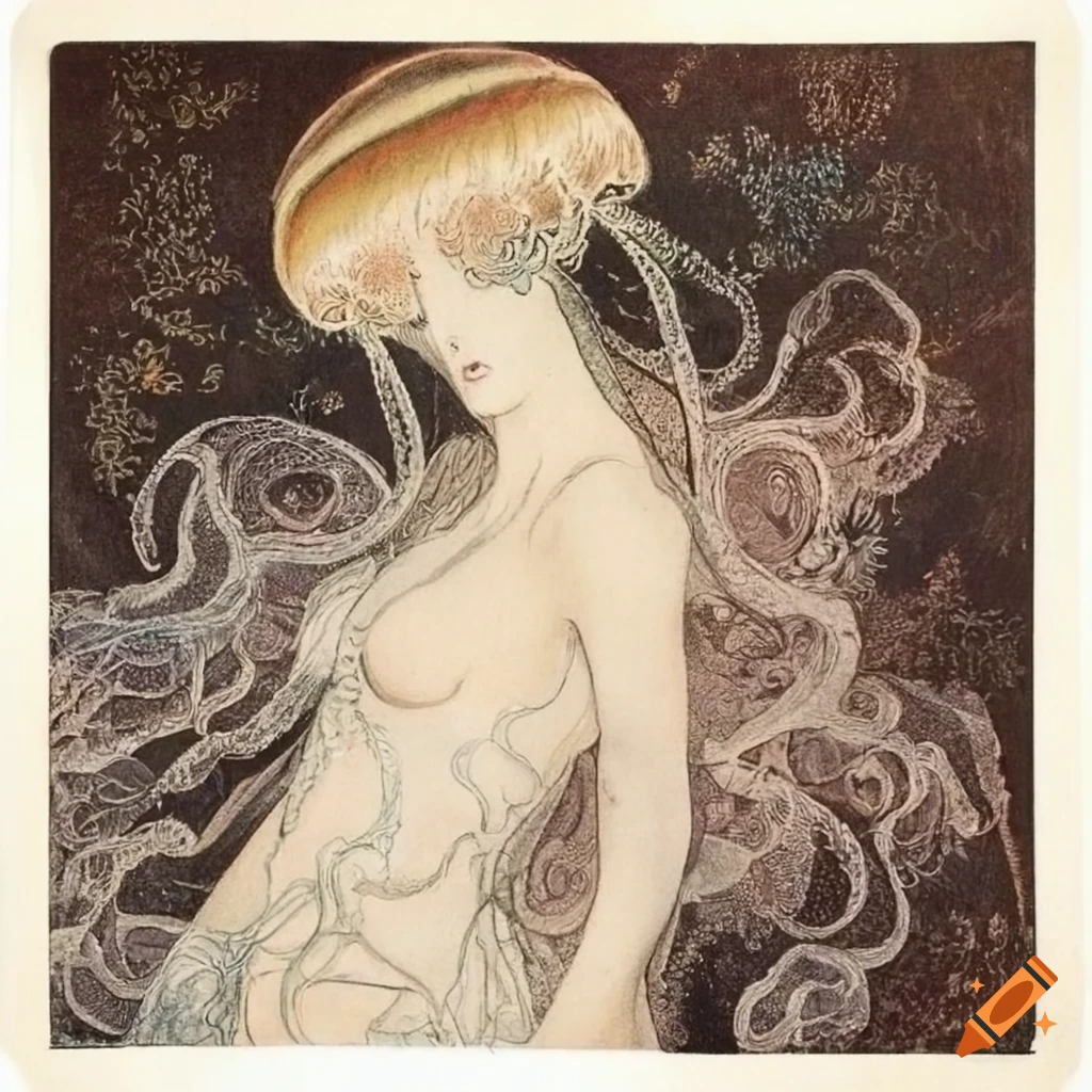 Ethereal jellyfish with surreal feathers inspired by Edmund Dulac and Yoshitaka Amano