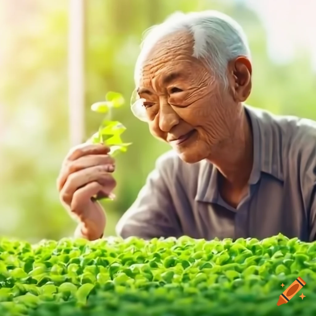 Asian man growing microgreens in flat sunlight