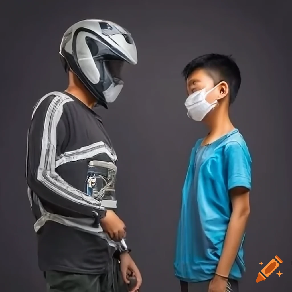Vietnamese brothers, one with face mask and the other with motorcycle helmet, facing the camera
