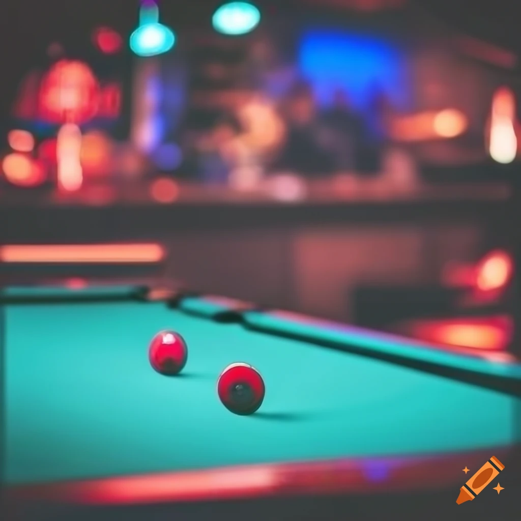 Elegant bar with shots lined up under neon lights, pool table in the background