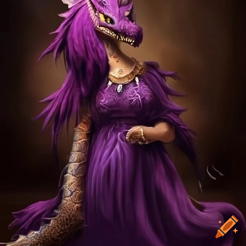 Mother dragon in purple dress holding her dragon children