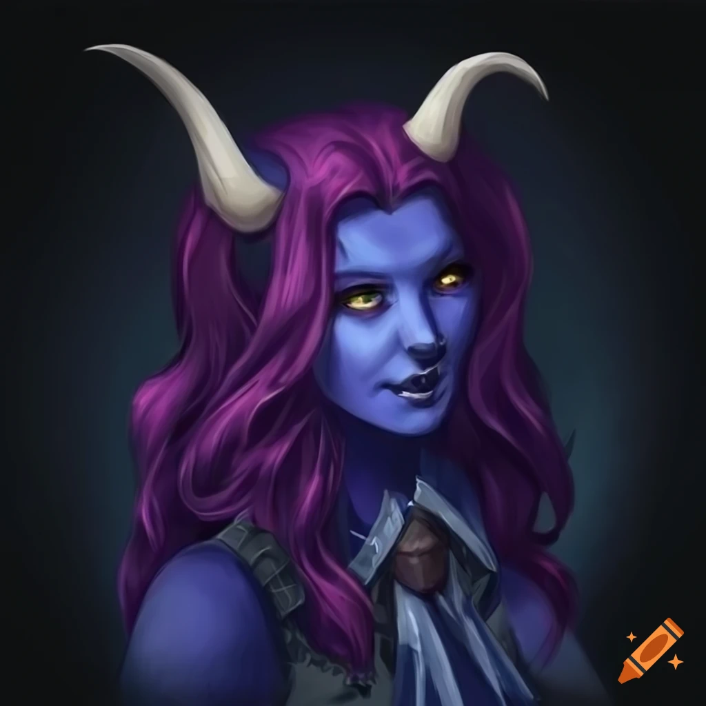 Striking Tiefling bard with purple skin, silver eyes, and long navy hair in a tabard