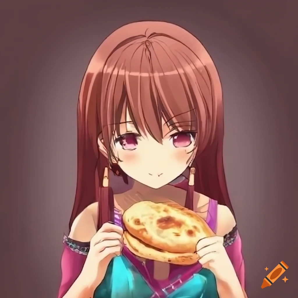Anime of a girl enjoying Indian roti