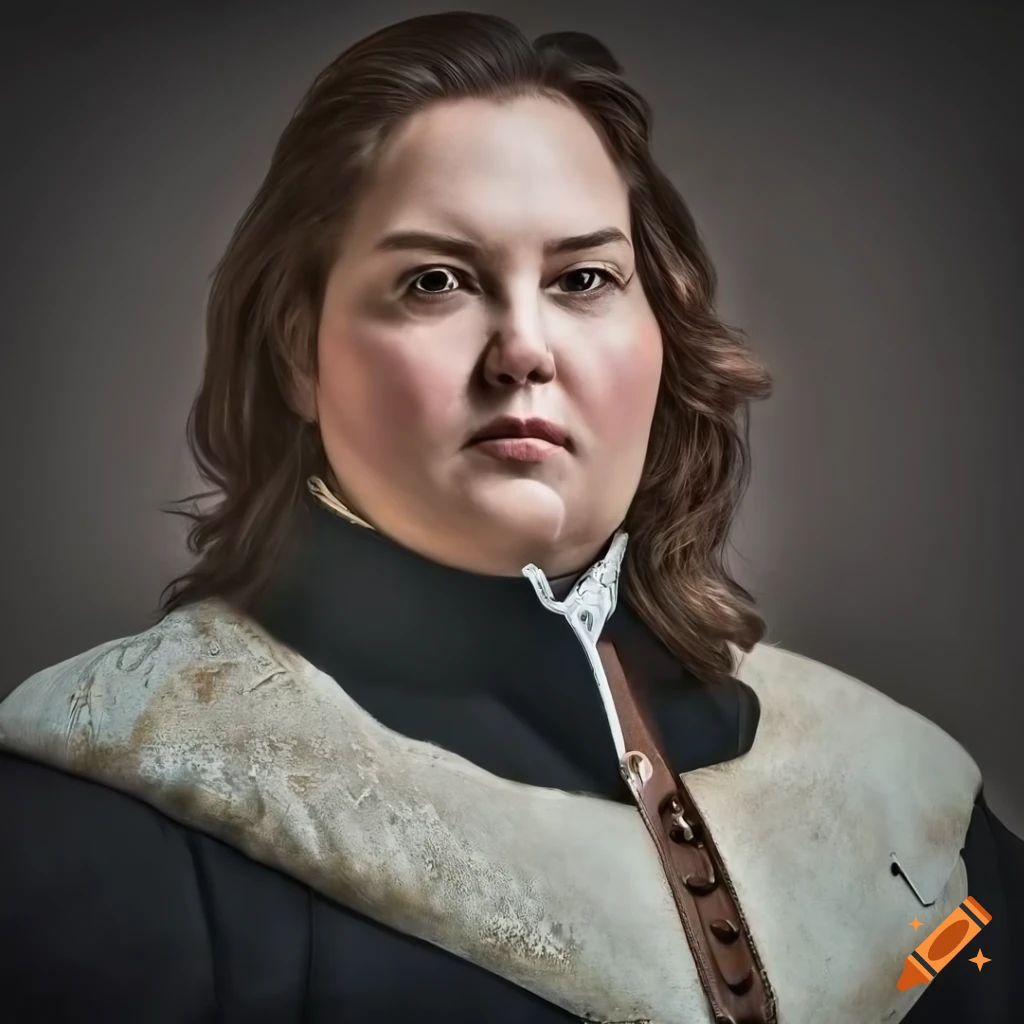 Serious plus size model in 17th-century attire