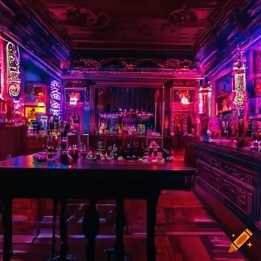 Elaborate bar scene with neon lights and glasses of beverages on a long table