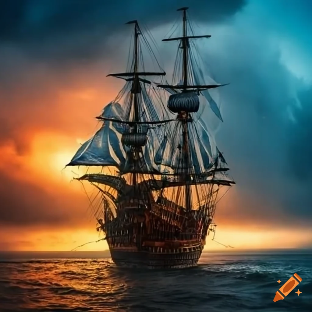 Pirate ship sailing under stormy sky sinking into murky sea