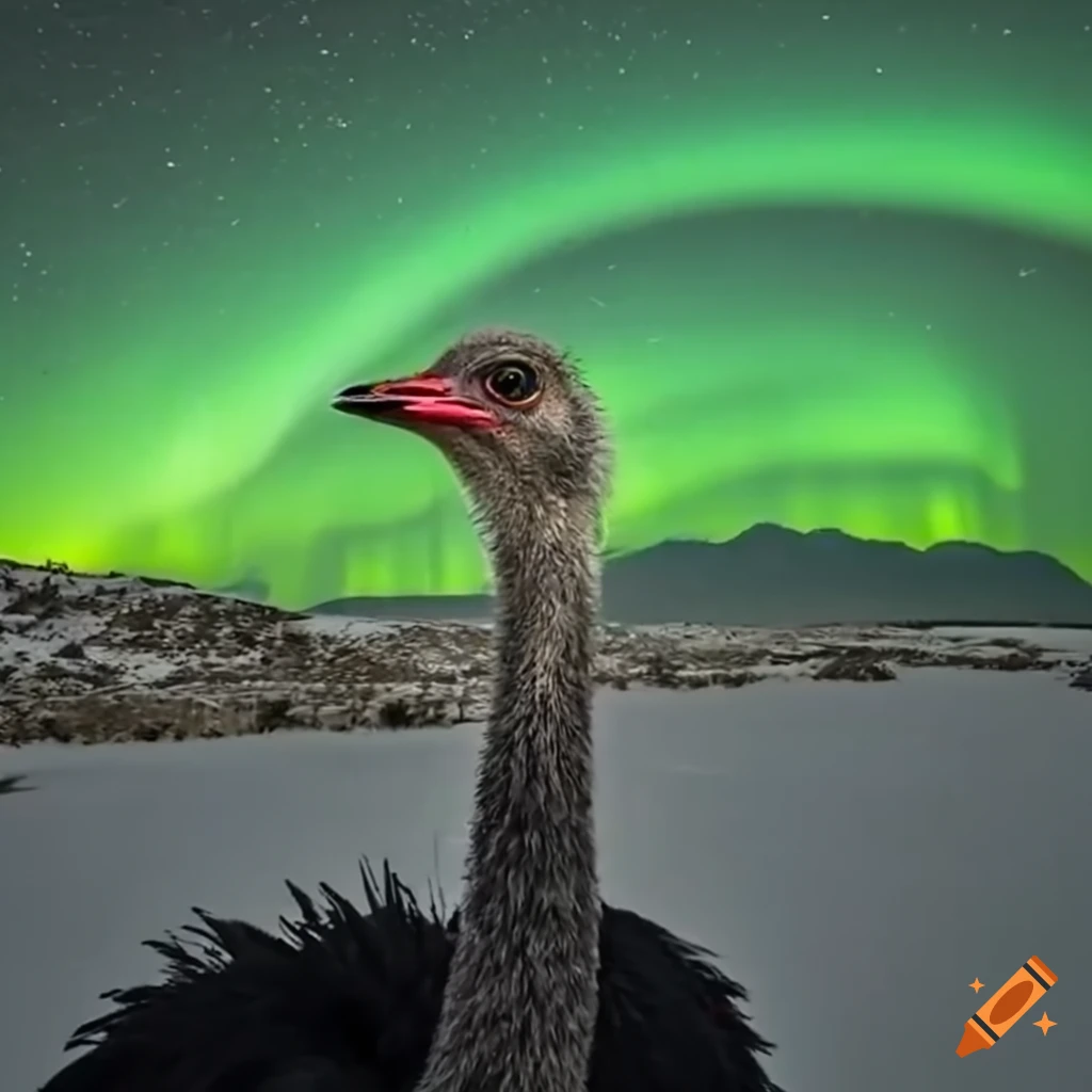 Ostrich observing the northern lights in the sky