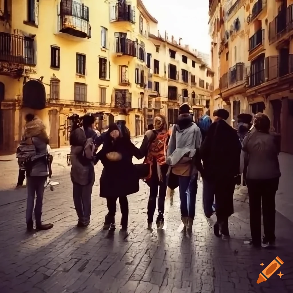 Group of friends smiling and enjoying at a tourist destination in Spain