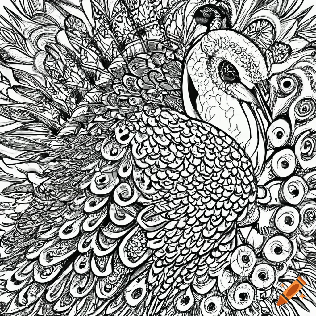 Black and white coloring page of a peacock