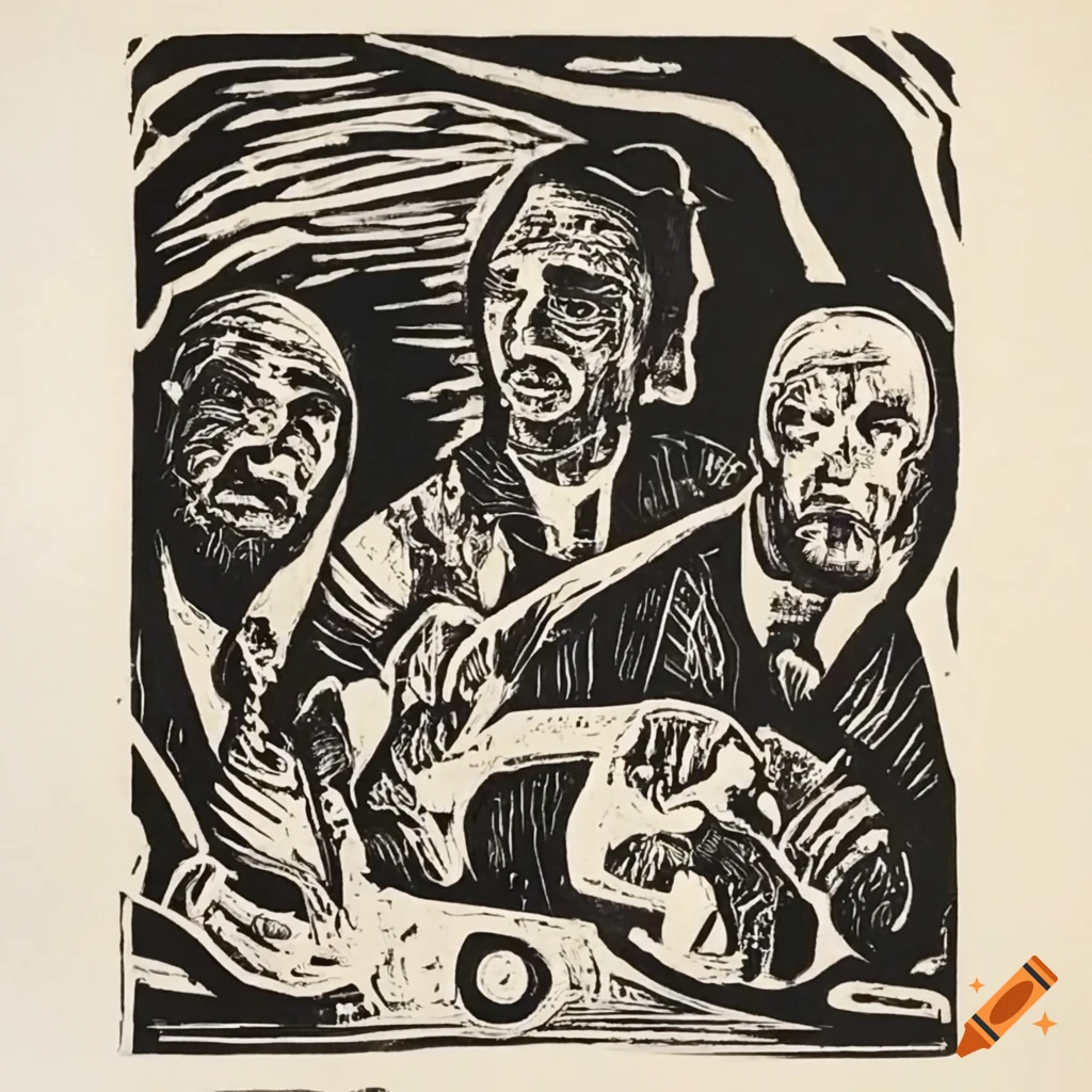 Men surrounded by mysterious objects in a surreal lino print inspired by Max Beckmann