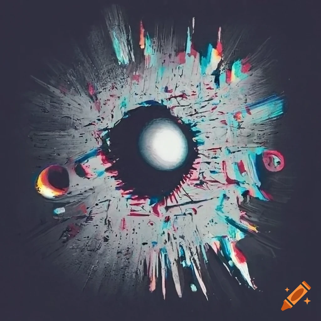 Detailed glitch art comet and meteor shower with eyeball meteorites on concrete