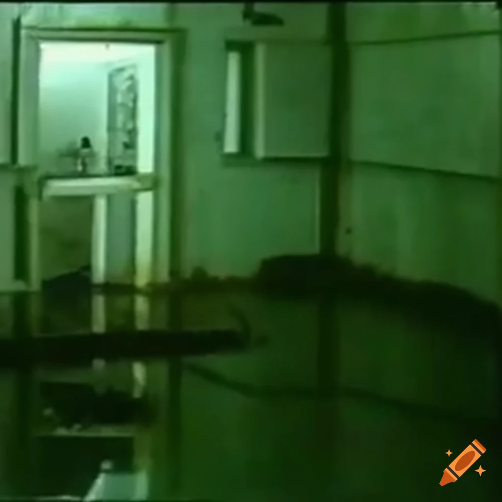 Creepy flooded room with moss and plants growing in VHS style