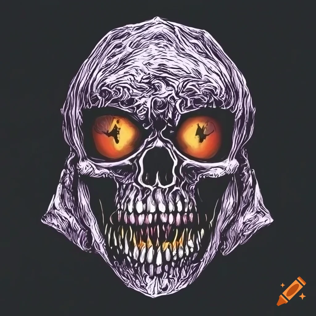 Skull-headed monster with a hood in close-up black and white line art