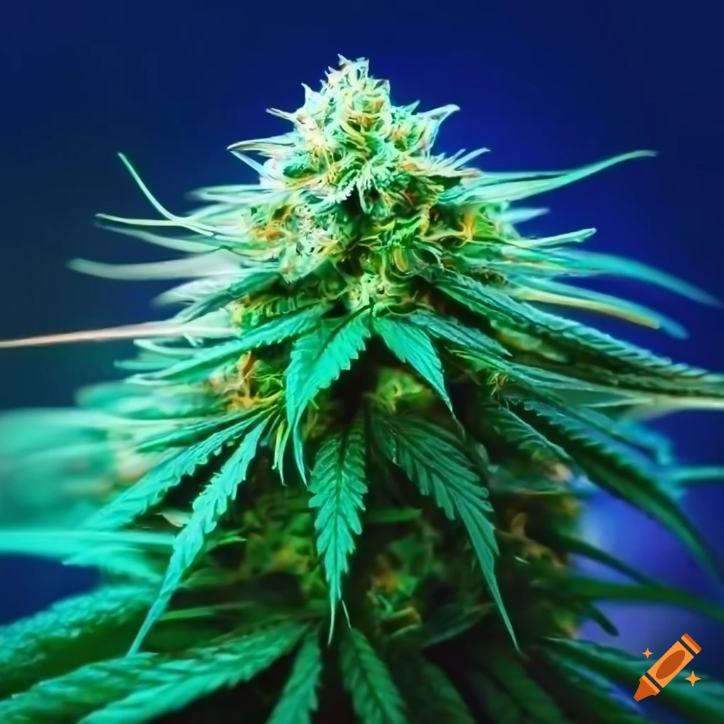 Vibrant pale green cannabis flower made of glowing light on a dark blue backdrop