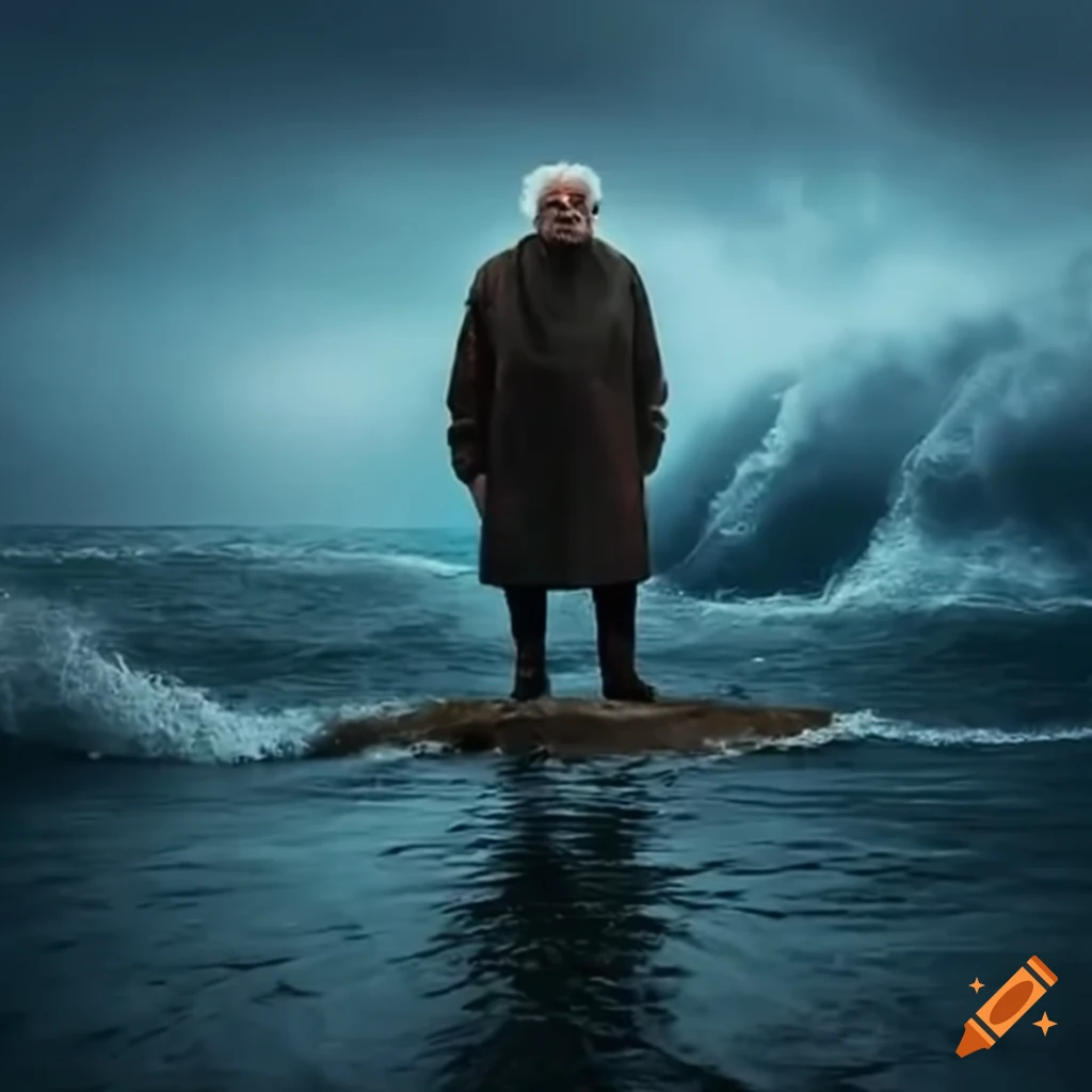 Old man on isolated island amidst stormy sea