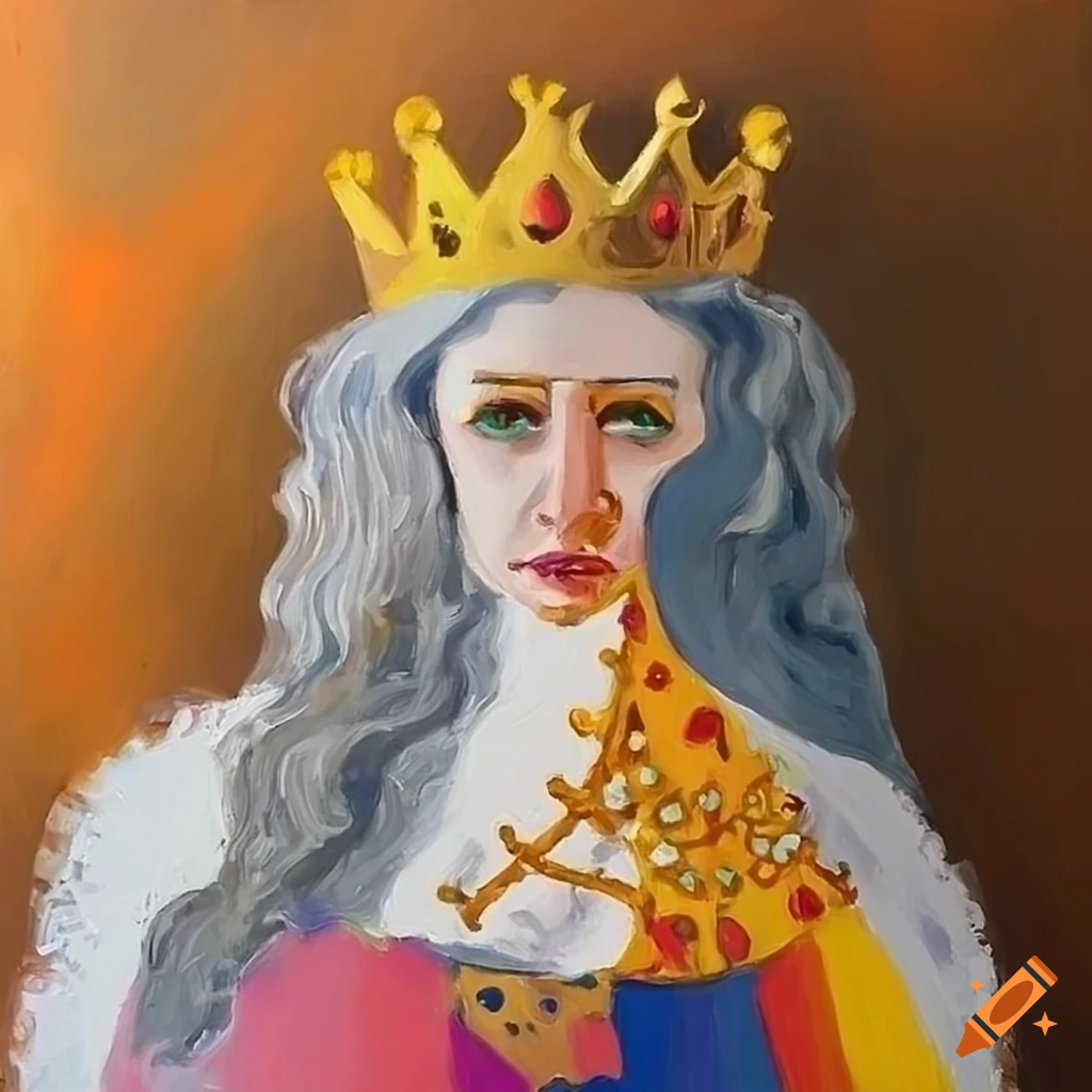 Cubism painting of a Russian queen statue with unique facial features and elaborate attire