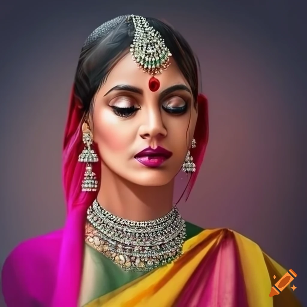 Portrait of a young woman in traditional Indian attire with intricate ...
