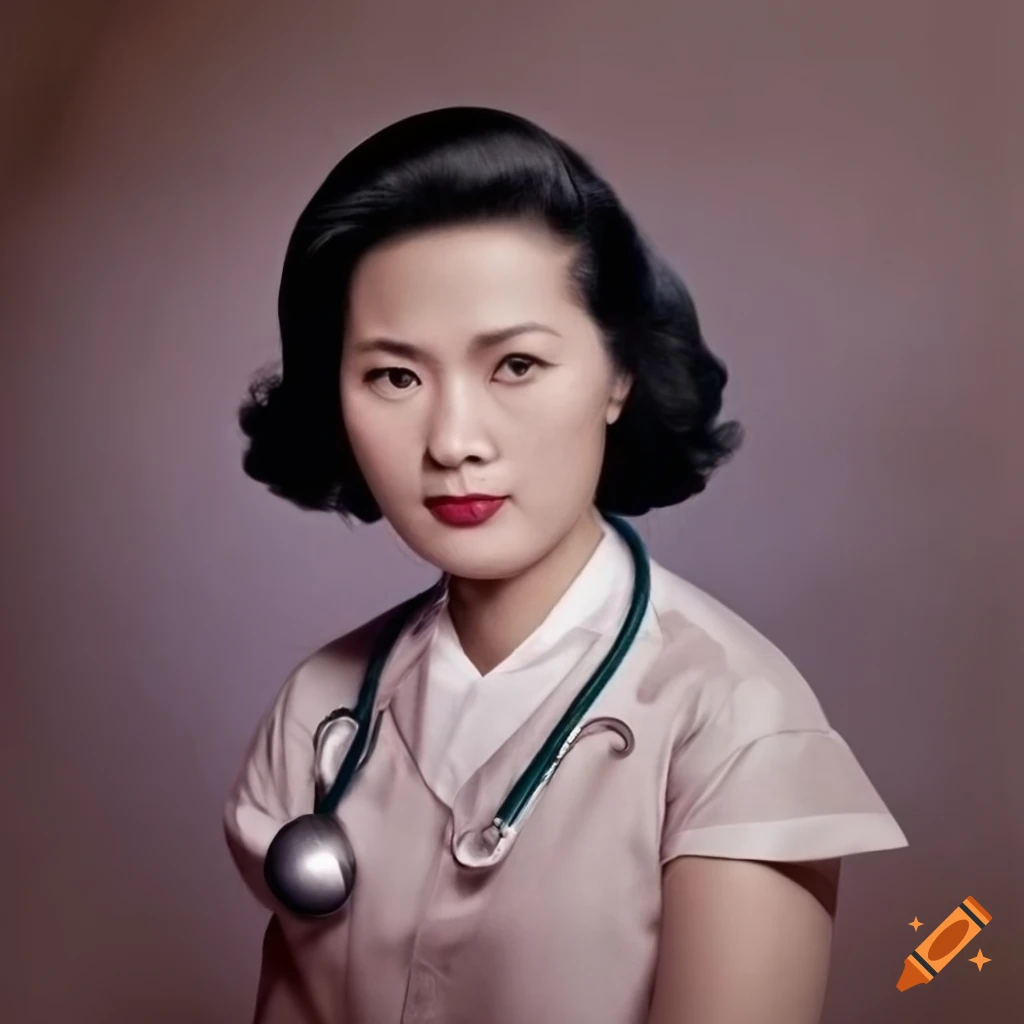 1940's portrait of a beautiful mature Asian woman in vintage doctor uniform