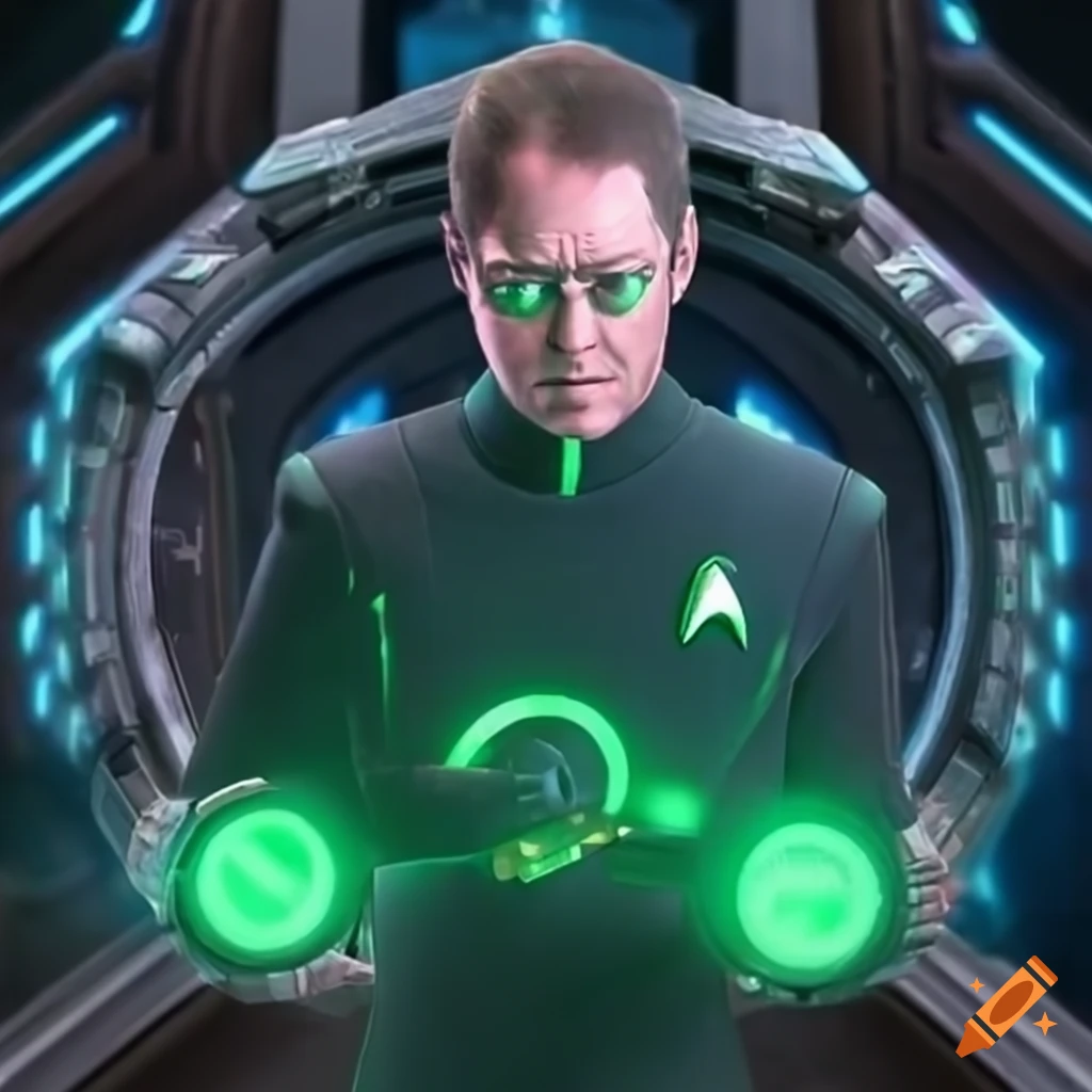 Young James Spader portraying a time traveler with a glowing green wristwatch in Star Trek movie poster art