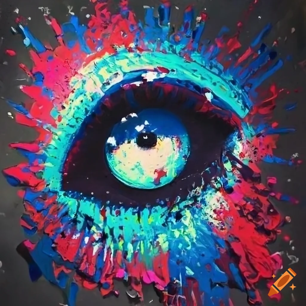 Glitch art eye comet and impasto graffiti meteor shower with eyeball meteorites on concrete