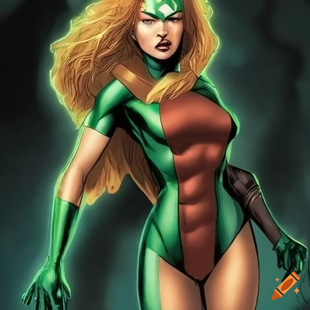 Female version of DC's Atom in green and brown costume