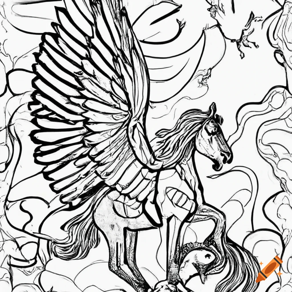 Black and white coloring page of a pegasus